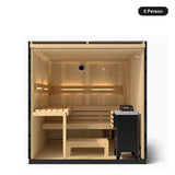 5 person Kohler C1 Graphite Grey indoor sauna, front view into the interior with tiered benches and heater