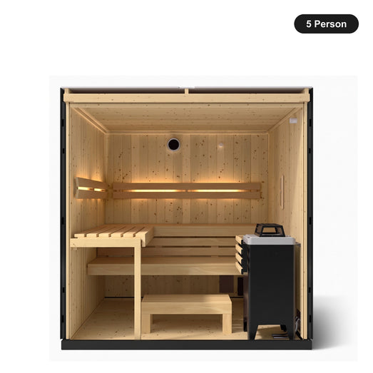 5 person Kohler C1 Graphite Grey indoor sauna, front view into the interior with tiered benches and heater