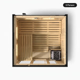5 person Kohler C1 Graphite Grey indoor sauna, overhead view showing the bench layout and heater position