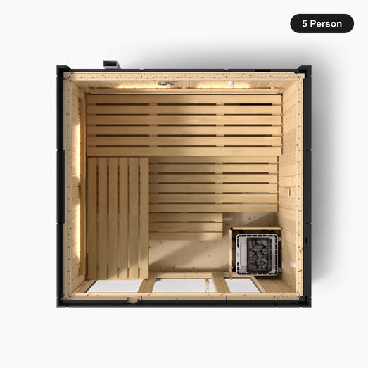 5 person Kohler C1 Graphite Grey indoor sauna, overhead view showing the bench layout and heater position