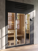 Kohler C1 Graphite Grey sauna with glass front in a modern home interior