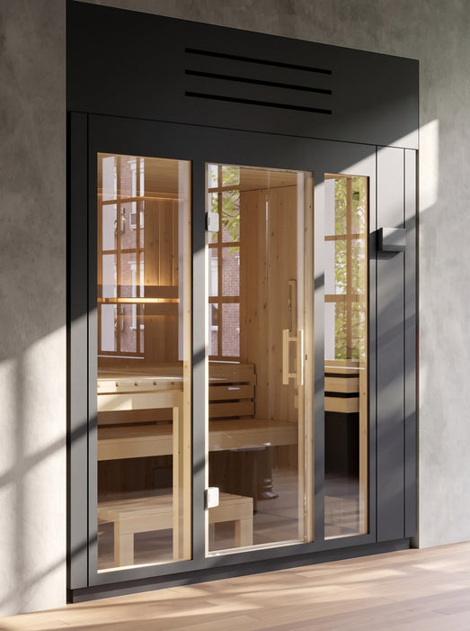 Kohler C1 Graphite Grey sauna with glass front in a modern home interior