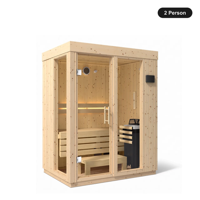 2 person Kohler C1 Scandinavian Spruce indoor sauna, angled exterior view