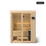 2 person Kohler C1 Scandinavian Spruce indoor sauna, front view with the glass door closed