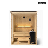 2 person Kohler C1 Scandinavian Spruce indoor sauna, front view into the interior with tiered benches and heater