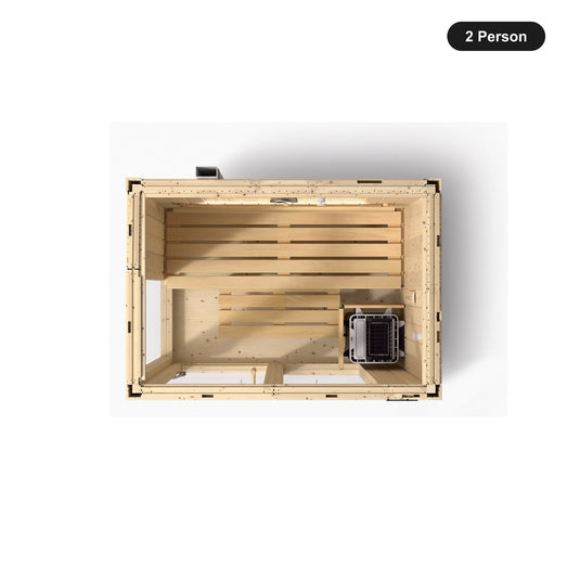 2 person Kohler C1 Scandinavian Spruce indoor sauna, overhead view showing the bench layout and heater position