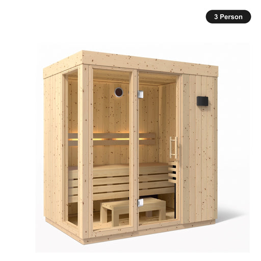 3 person Kohler C1 Scandinavian Spruce indoor sauna, angled exterior view