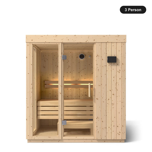3 person Kohler C1 Scandinavian Spruce indoor sauna, front view with the glass door closed