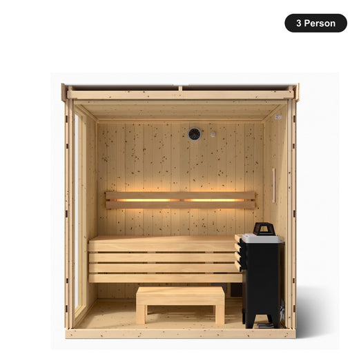 3 person Kohler C1 Scandinavian Spruce indoor sauna, front view into the interior with tiered benches and heater