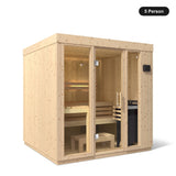 5 person Kohler C1 Scandinavian Spruce indoor sauna, angled exterior view