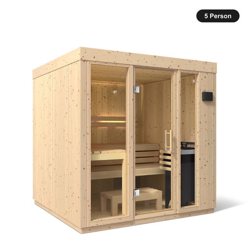 5 person Kohler C1 Scandinavian Spruce indoor sauna, angled exterior view