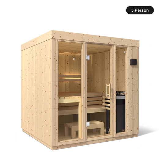 5 person Kohler C1 Scandinavian Spruce indoor sauna, angled exterior view