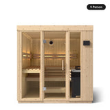 5 person Kohler C1 Scandinavian Spruce indoor sauna, front view with the glass door closed