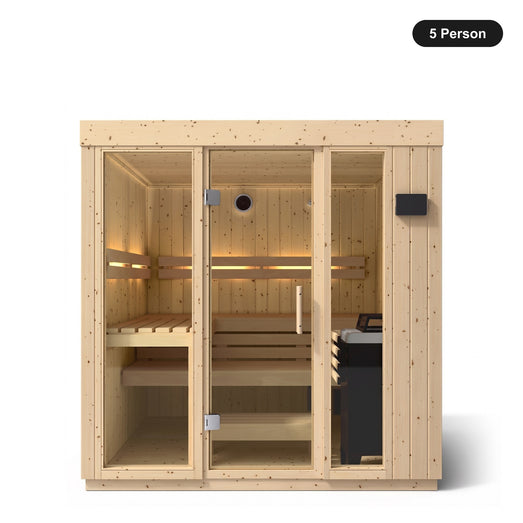 5 person Kohler C1 Scandinavian Spruce indoor sauna, front view with the glass door closed