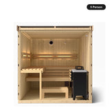 5 person Kohler C1 Scandinavian Spruce indoor sauna, front view into the interior with tiered benches and heater