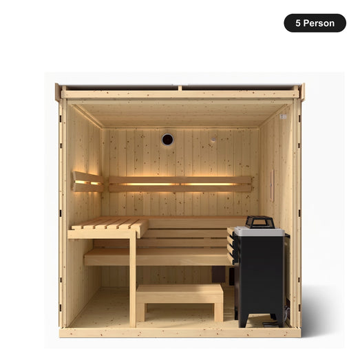 5 person Kohler C1 Scandinavian Spruce indoor sauna, front view into the interior with tiered benches and heater