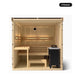 5 person Kohler C1 Scandinavian Spruce indoor sauna, front view into the interior with tiered benches and heater