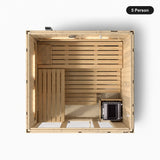 5 person Kohler C1 Scandinavian Spruce indoor sauna, overhead view showing the bench layout and heater position