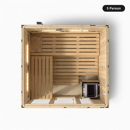 5 person Kohler C1 Scandinavian Spruce indoor sauna, overhead view showing the bench layout and heater position