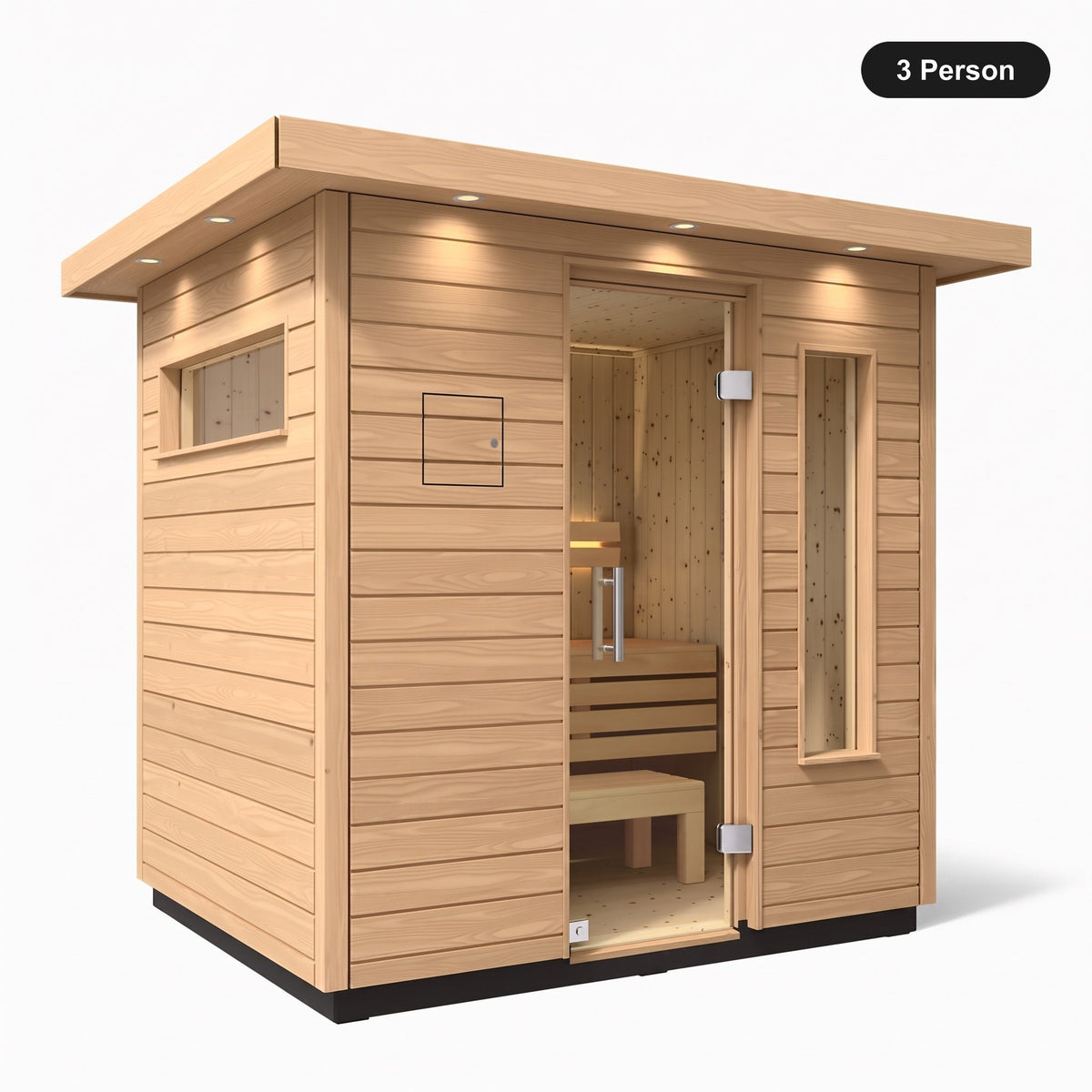 3 person Kohler C2 Douglas Fir outdoor sauna, angled exterior view
