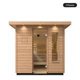 3 person Kohler C2 Douglas Fir outdoor sauna, front view with the glass door closed