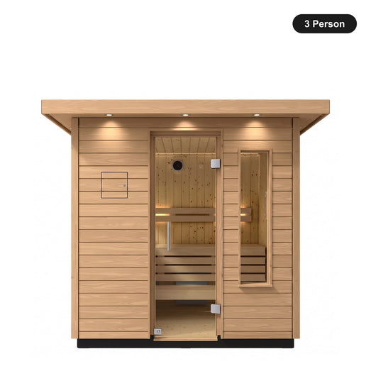 3 person Kohler C2 Douglas Fir outdoor sauna, front view with the glass door closed