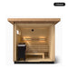 3 person Kohler C2 Douglas Fir outdoor sauna, front view into the interior with tiered benches and heater