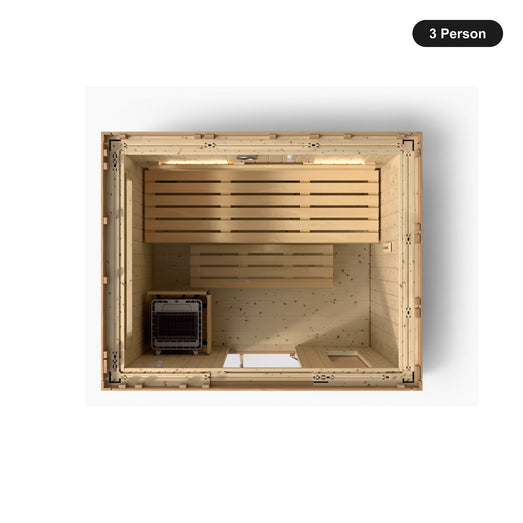 3 person Kohler C2 Douglas Fir outdoor sauna, overhead view showing the bench layout and heater position