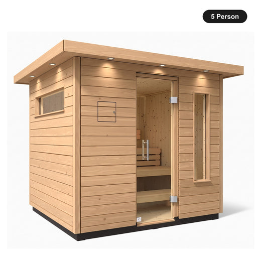 5 person Kohler C2 Douglas Fir outdoor sauna, angled exterior view