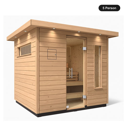 5 person Kohler C2 Douglas Fir outdoor sauna, angled exterior view