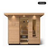5 person Kohler C2 Douglas Fir outdoor sauna, front view with the glass door closed