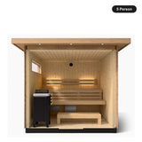 5 person Kohler C2 Douglas Fir outdoor sauna, front view into the interior with tiered benches and heater