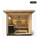 5 person Kohler C2 Douglas Fir outdoor sauna, front view into the interior with tiered benches and heater