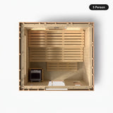 5 person Kohler C2 Douglas Fir outdoor sauna, overhead view showing the bench layout and heater position