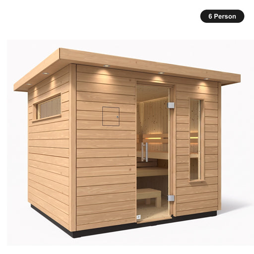 6 person Kohler C2 Douglas Fir outdoor sauna, angled exterior view