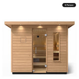 6 person Kohler C2 Douglas Fir outdoor sauna, front view with the glass door closed