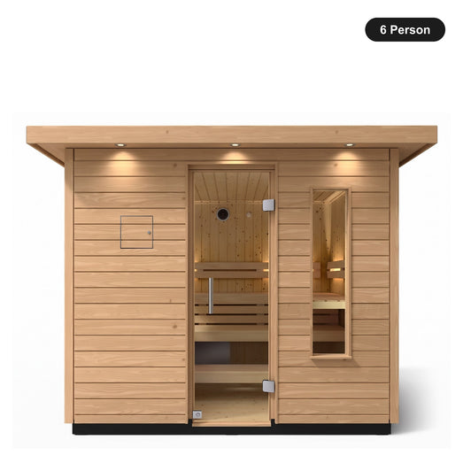 6 person Kohler C2 Douglas Fir outdoor sauna, front view with the glass door closed