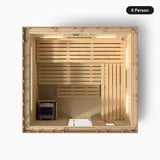 6 person Kohler C2 Douglas Fir outdoor sauna, overhead view showing the bench layout and heater position