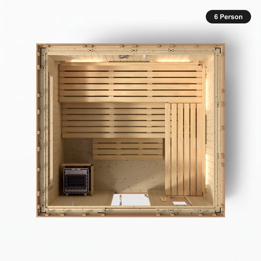 6 person Kohler C2 Douglas Fir outdoor sauna, overhead view showing the bench layout and heater position