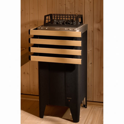 Freestanding electric sauna heater with obeche wood safety rail