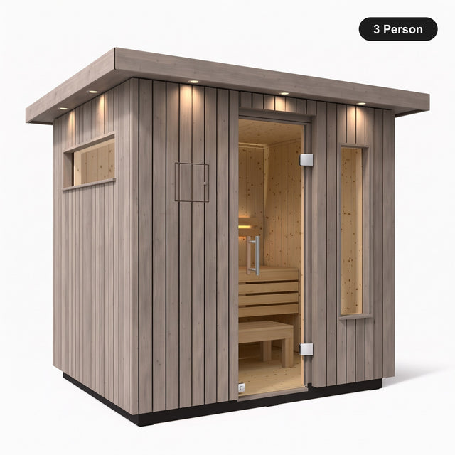 3 person Kohler C2 Weathered Grey Spruce outdoor sauna, angled exterior view