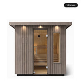 3 person Kohler C2 Weathered Grey Spruce outdoor sauna, front view with the glass door closed