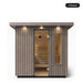 3 person Kohler C2 Weathered Grey Spruce outdoor sauna, front view with the glass door closed
