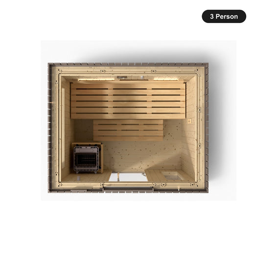 3 person Kohler C2 Weathered Grey Spruce outdoor sauna, overhead view showing the bench layout and heater position