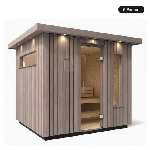 5 person Kohler C2 Weathered Grey Spruce outdoor sauna, angled exterior view