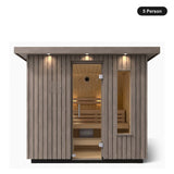 5 person Kohler C2 Weathered Grey Spruce outdoor sauna, front view with the glass door closed