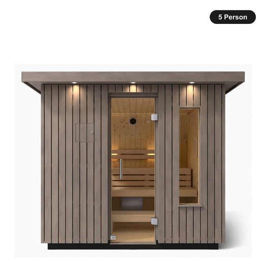 5 person Kohler C2 Weathered Grey Spruce outdoor sauna, front view with the glass door closed