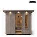 5 person Kohler C2 Weathered Grey Spruce outdoor sauna, front view with the glass door closed