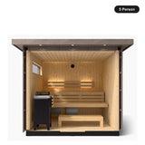 5 person Kohler C2 Weathered Grey Spruce outdoor sauna, front view into the interior with tiered benches and heater