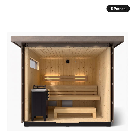 5 person Kohler C2 Weathered Grey Spruce outdoor sauna, front view into the interior with tiered benches and heater